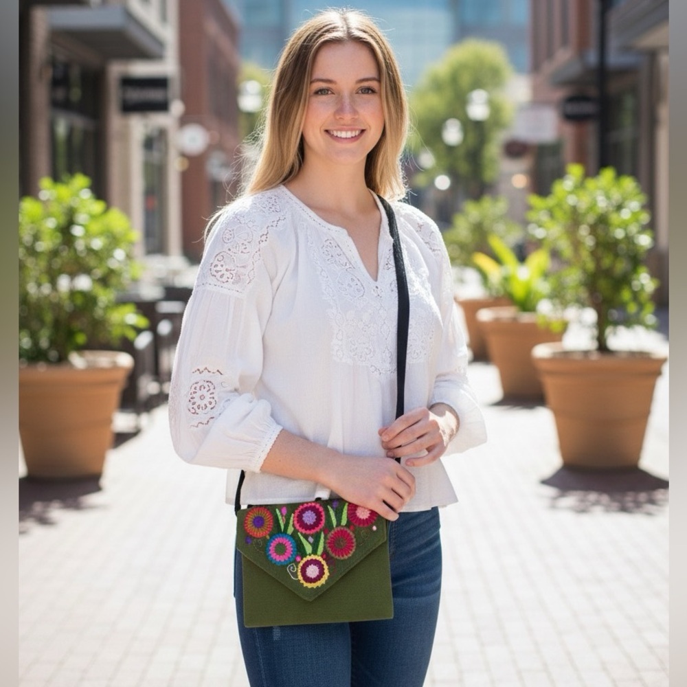 Hand Crafted Embroidered Floral Thin Envelope Crossbody Clutch Olive Green Bag - Picture 2 of 10